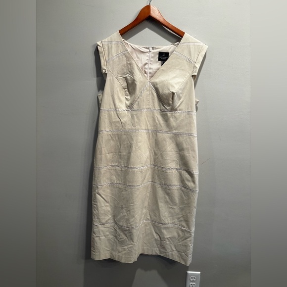 Adrianna Papell Beige Midi Dress with Subtle Stripes business casual cap sleeve - Picture 1 of 15